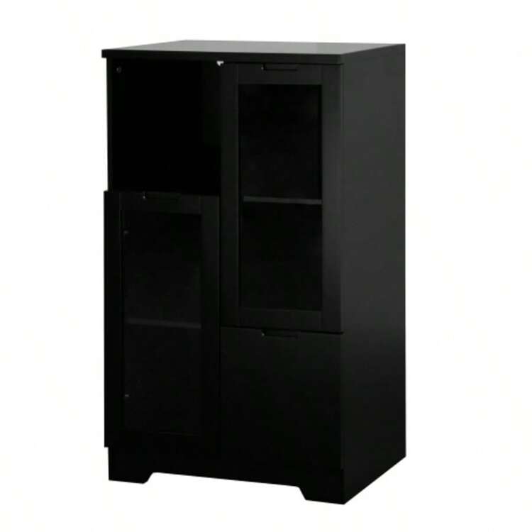 MDF Lacquered Cabinet With Glass Doors And Drawer, Open Storage Space, Black, Bedroom, Living Room - Black - View 11