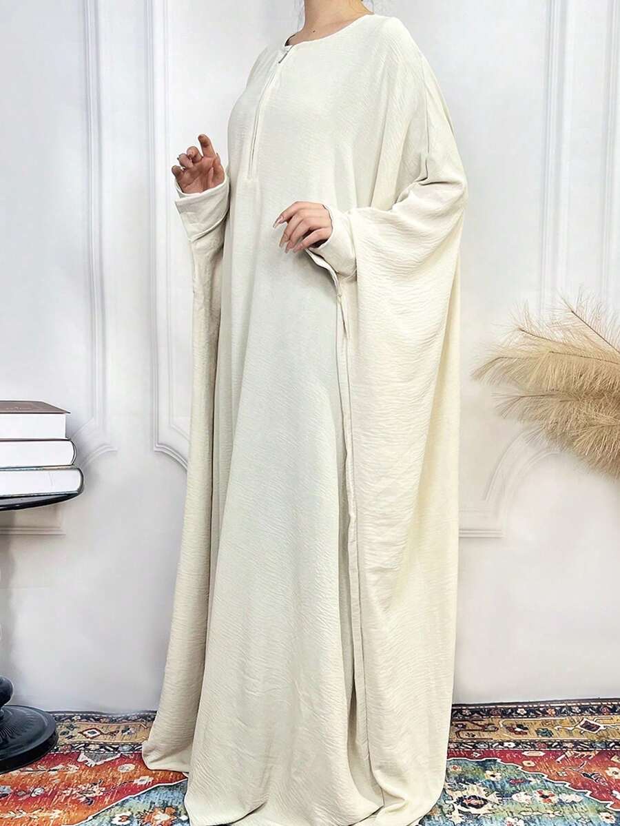 1pc Solid Color Satin Lantern Sleeve Dress, Zipper Front Shiny Long Robe Jumpsuit For Women - Beige - View 1