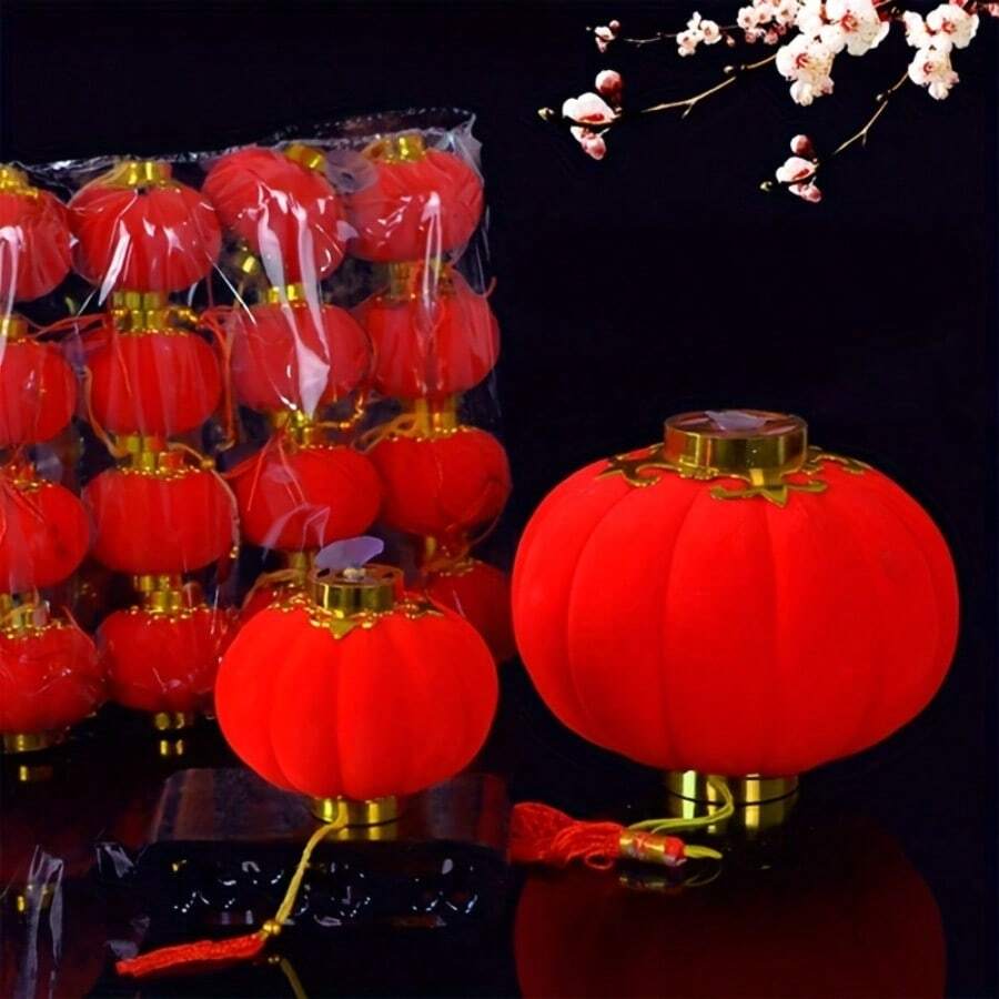 10/20/30个装丝绒红色灯笼 | 1.22英寸迷你悬挂球，配金色流苏和绳子，可重复使用，配有便捷夹子，适用于婚礼、圣诞节、中国新年装饰，可折叠设计，适用于卧室、花园、派对 - 无需工具，是室内/室外节日装饰的理想之选 - 紅色 - 查看 1