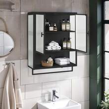 60CM Glass Doors Modern Two-Door Wall Cabinet With Featuring Two-Tier Enclosed Storage, An Open Shelf, And Towel Rack, For Entryway Living Room Bathroom Dining Room,Black - 黑色 - 查看 1
