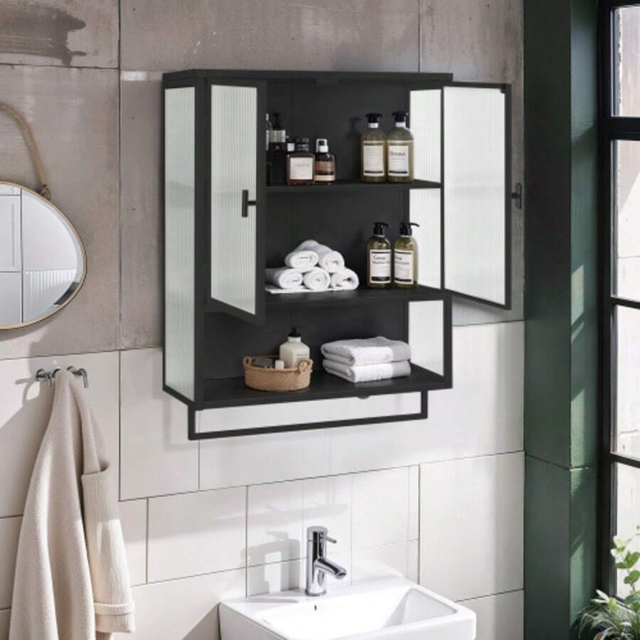 60CM Glass Doors Modern Two-Door Wall Cabinet With Featuring Two-Tier Enclosed Storage, An Open Shelf, And Towel Rack, For Entryway Living Room Bathroom Dining Room,Black - 黑色 - 查看 1