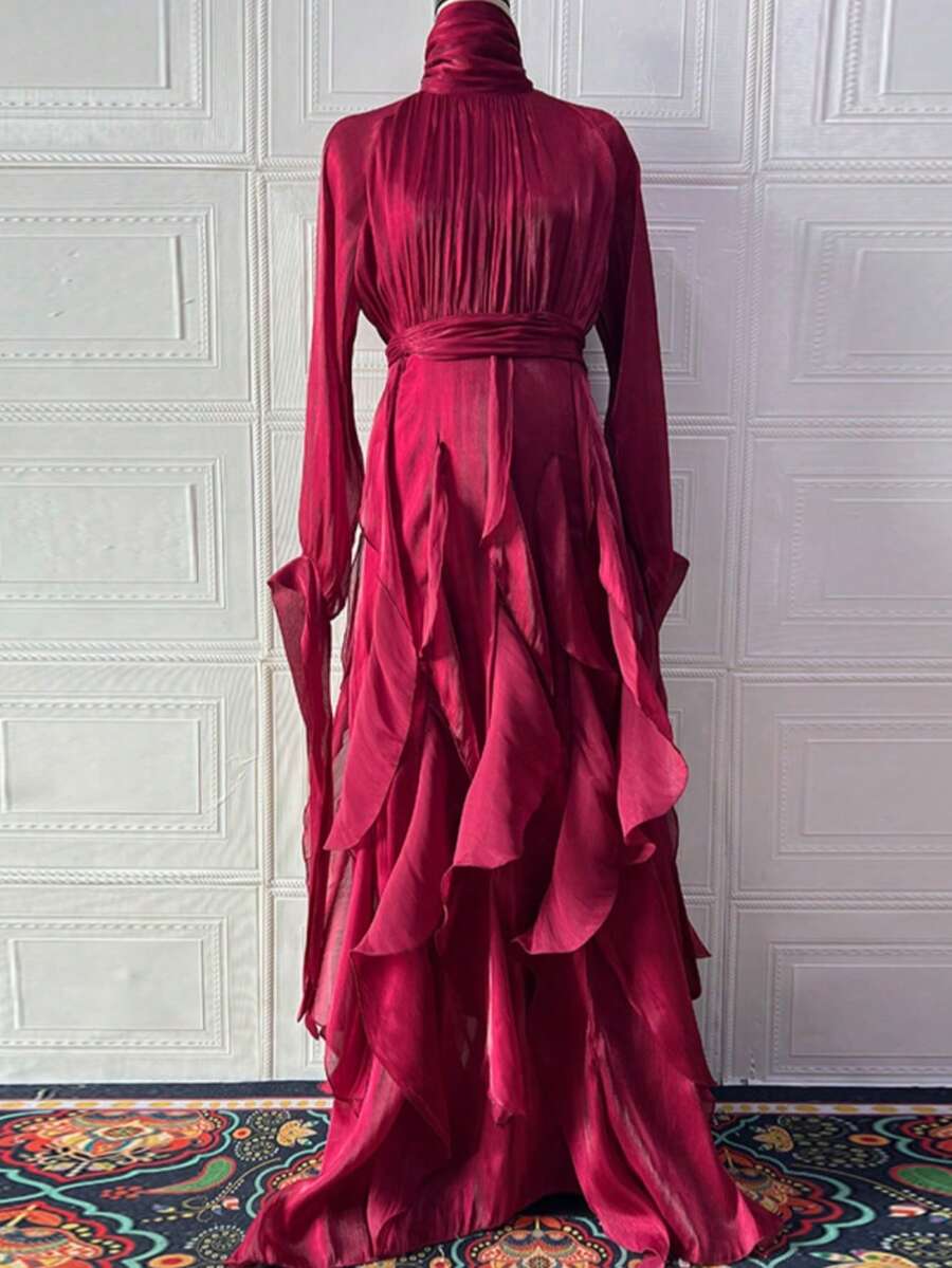 Vestidos Elegantes De Mujer,Women's Elegant And Stylish Ruffled Fitted Dress - Màu Đỏ Sâu - Xem 1