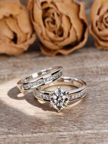 2枚/套 女士合成锆石结婚戒指，适合婚礼、周年纪念、情人节礼物、生日、全年佩戴（不含包装盒） - 戒指 - 查看 4