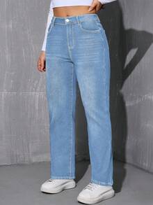 Women's Plus Size Thermal Lined Straight Pants - Mid-Rise Winter Warmth & Everyday Style - Light Wash - View 4