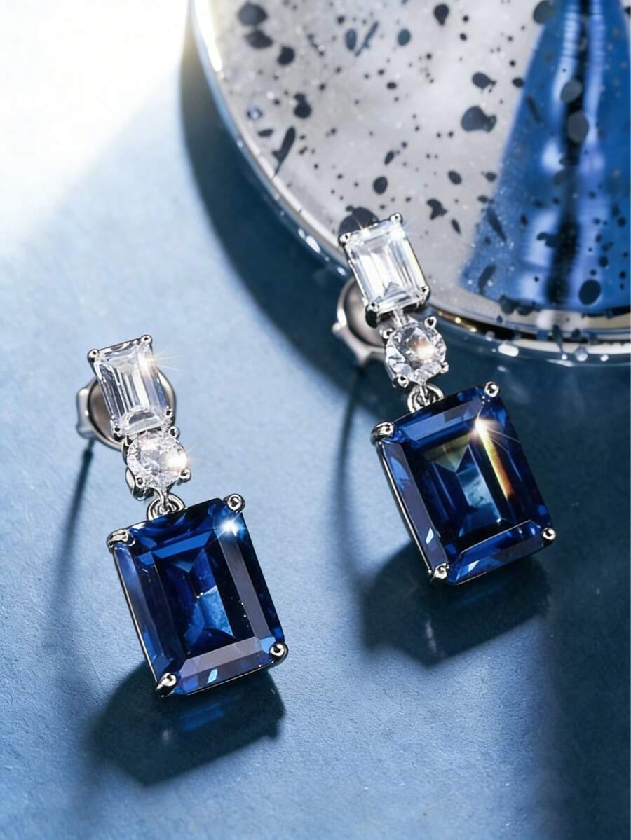 1 Pair Women's Luxury Blue Zirconia Earrings, Elegant Design, Perfect For Daily Wear, Parties,Anniversary Valentine's Day Gift(No Box) - Earrings - View 1