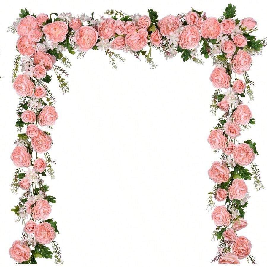 2Pack Artificial Peony Flower Garland - Silk Peony Garland With White Flowers Wedding Party Table Decoration, 6ft/Strand - Hồng + 2 - Xem 1