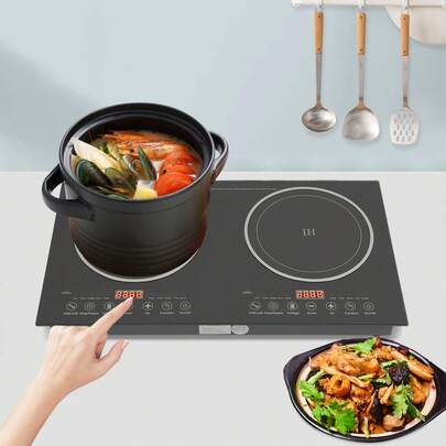 CNCEST Double Burner Induction Cooktop 2400W Portable Electric Stove With Horizontal Design Fast Heating Perfect For Home Kitchen Apartment Restaurant Camping Caravan And Party Use