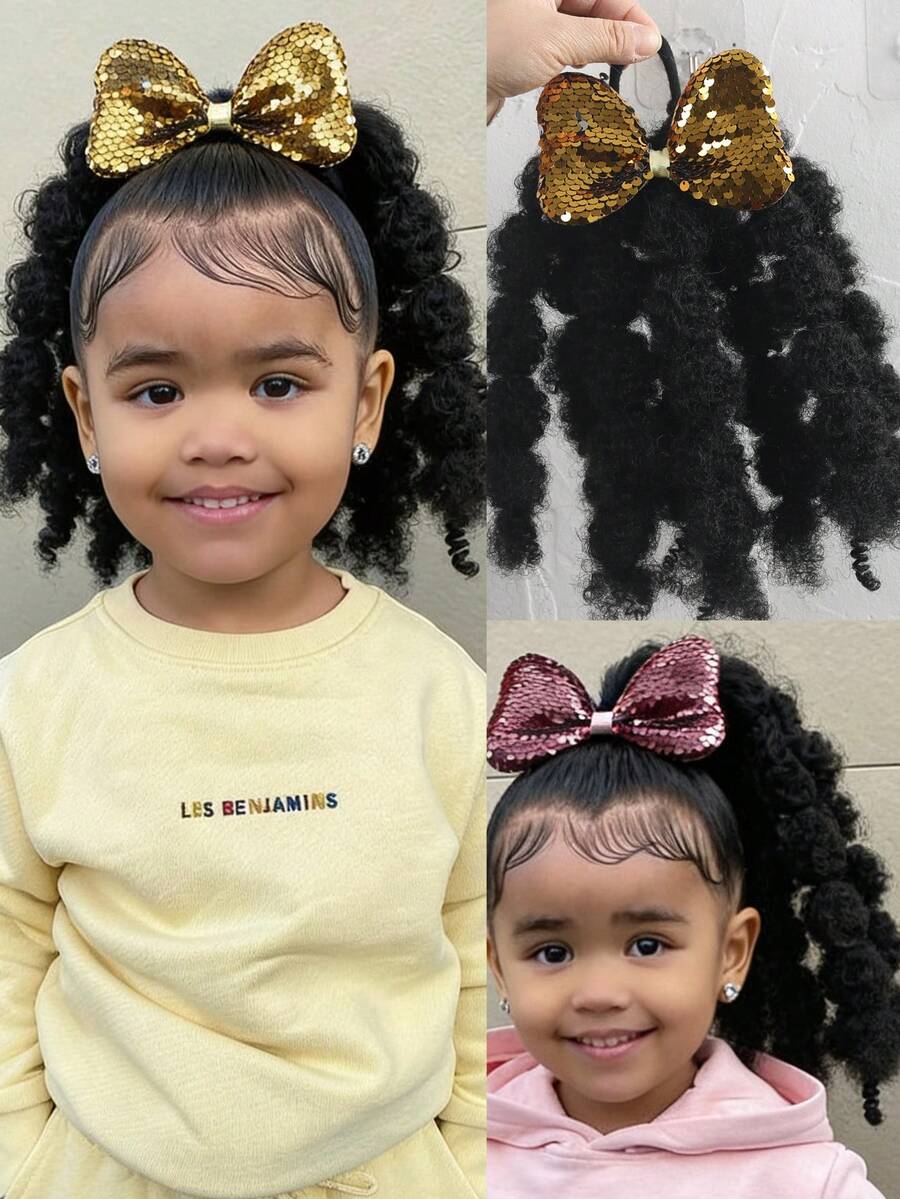 1个柔软可爱8英寸蓬松弹力发圈，可扭成马尾辫，打造蓬松爆炸头造型，适合女孩和儿童，配有闪亮蝴蝶结发夹