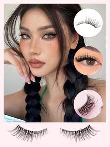 10 pares de pestañas postizas de visón 3D esponjosas y sutiles de 5-8 mm, con tallo transparente, adecuadas para mujeres con ojos pequeños para uso diario y de cita - Negro - Ver 4
