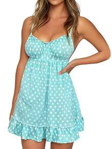Women's Dot Mini Dresses Summer Fashionable Sleeveless Spaghetti Strap Ruffle Hem Cami Dress - Blue - View 1