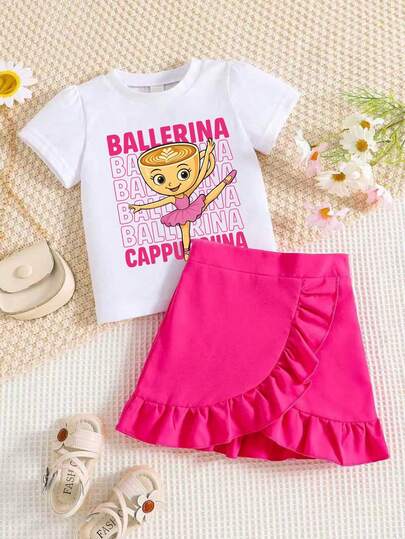 Young Girl Cartoon Print T-Shirt And Ruffle Hem Skirt Cute 2-Piece Set