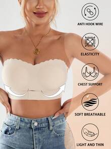 1pc Women's Strapless Push-Up Bandeau Bra - No Underwire, Removable Padding, High Lift & Seamless Design With Ruffled Edges & Front Closure, Soft Comfortable Everyday & Special Occasion Elegant Lingerie, Washable (Light Beige) - 杏色 - 查看 5