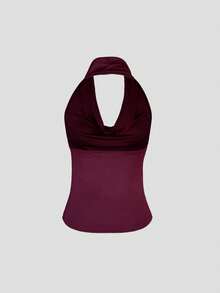 Burgundy Women's Draped Backless Camisole, Front Draped Design, Low-Cut Backless, Ruched Backless Sleeveless Cropped Style - Burgundy - View 7