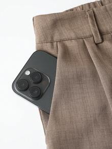 SMILE CHIC 复古高腰西装裤，宽松显瘦直筒阔腿裤，休闲通勤日常百搭，适合春秋季穿着 - 咖啡棕 - 查看 5