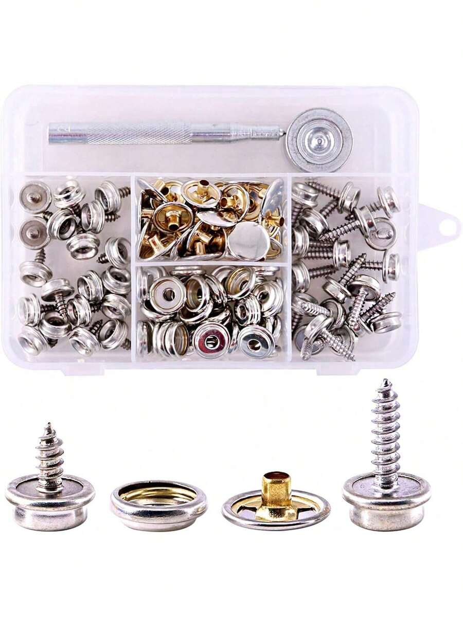 EstiloSwpeet 120 piezas de broches de tornillo de cierre plateado con 1 juego de herramientas de ajuste a presión, cierre de tuerca con tornillo de acero inoxidable de 3/8 pulgadas y 5/8 pulgadas, paquete de botones a presión para muebles, tela de lona, barcosVersión mejorada - 1 - Ver 1