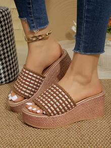 女士编织带凉鞋，厚底超高坡跟沙滩拖鞋 - 棕色 - 查看 1