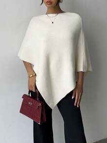 Minimalist Fashion Poncho Sweater, Solid Color Ribbed, Everyday Wear, Autumn/Winter