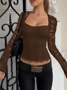 Women's Y2k Lace Patchwork Blouse Top Square Neck Long Sleeve Crop Tops Slim Fit T-Shirts Fall Casual See Through Going Out Tops Club Streetwear Fall Spring Basic Tops Fairy Aesthetic Clothes - 咖啡棕 - 查看 1