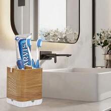 Toothbrush Holder Toothpaste Organizer Drainage For Bathroom Vanity Detachable Anti-Slip Brushed Nickel Toothpaste Storage Caddy 3 Slots With Drainage Holes For Makeup Brush Razor Stand - Vân gỗ - Xem 4
