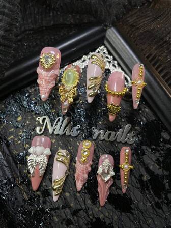 10pcs Stiletto Acrylic Nail Kit,Pink&Dust Pink Nails,Dust Pink French,3D Three-Dimensional Chain Beads&Steel Beads&Diamonds&Hearts&Wings And Other Nail Accessories Decoration,Romantic And Colorful Nail Gemstones