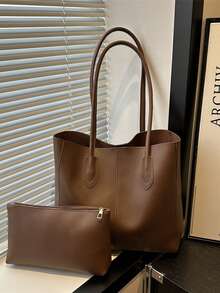 Conjunto de Bolsa Tote Vintage Retalhos de Outono 2025 - Conjunto com 2 Peças, Bolsa Mãe e Mini Bolsa, Bolsa de Ombro Casual de Grande Capacidade para Mulheres. Design Multifuncional, Adequado para Uso Diário, Escola, Transporte e Viagem, Tecido Leve e Durável com Interior Espaçoso, Perfeito para Armazenamento de Itens Essenciais. Estilo Casual Retrô, Alça de Ombro Ajustável, Confortável de Usar, Acessório da Moda, Escolha Ideal para Campus, Escritório e Passeios de Fim de Semana, Bolsa Essencial para Mulheres Modernas. - Café - Visão 12