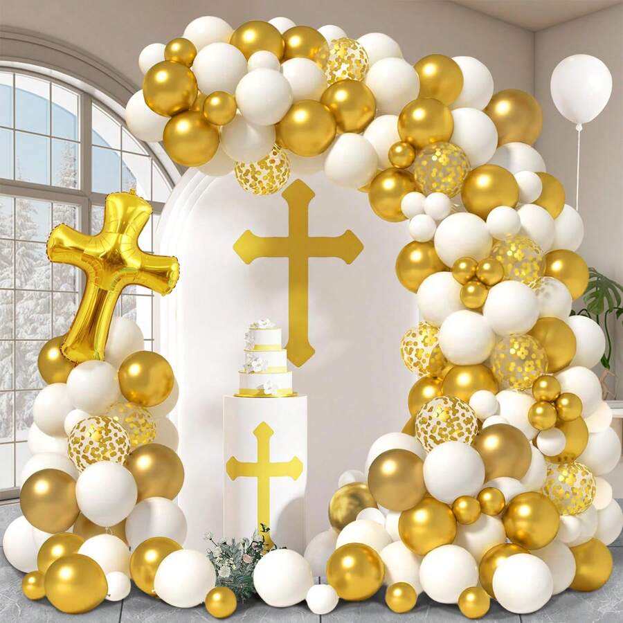 103件套白色金色气球拱门套装，男女宝宝洗礼派对装饰，金色白色气球配十字架气球，上帝保佑主题用品