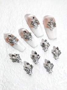 10pcs Silver Floral & Plant Design Alloy Rhinestone Nail Art Jewelry 3D Metal Crystal Glass Flower Nail Decor DIY Accessories For Girls & Women Nails Nail Supplies - Silver - View 2