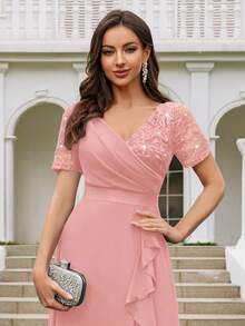 MIUSOL V领亮片蕾丝撞色雪纺荷叶边下摆优雅舞会礼服裙，适合婚礼宾客、正式晚宴及其他场合。 - 粉色 - 查看 9