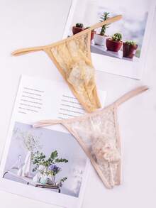 6-Piece Men's Sexy Lace Thong, Fashionable Lace Printed See Through Mesh Hollowed Out Bikini Triangle, Comfortable, Breathable, Elastic Low Waist Underwear, Suitable For Daily And Special Occasions - 混合色 - 查看 6