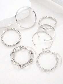 5pcs Vintage Exaggerated Minimalist Old Coin Design Layered Chunky Chain & Bead Bracelet Set, Suitable For Date, Vacation, Daily Wear, Party, Holiday Gift For Women - Silver 5 - View 5