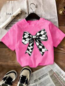 [Cotton T-Shirt] Tweed Girl Girls' Clothing - Casual Printed Pullover Crew Neck T-Shirt - Spring, Summer, And Autumn Student Young Children's Short-Sleeve Top - Perfect For Play And Casual Outings, This Fun And Colorful T-Shirt Will Inspire Every Child's Imagination. A Great Clothing Gift For Children. - Màu Hồng Tươi - Xem 1