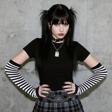 Nydotd Fingerless Long Sleeve Mittens Gloves Y2K Kawaii Japanese Harajuku Gothic Punk Knitted Striped Arm Warmer For Women,Black - 黑色的 - 查看 3