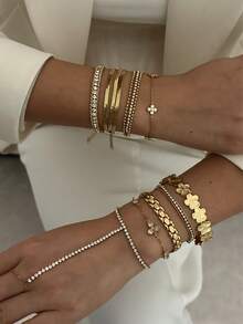 1pc Luxury Gold Stainless Steel Zirconia Bracelet, Versatile For Women's Daily Commute, Gathering With Friends, Romantic Festivals, Street Photography, Fashion Shows - Gold - View 2