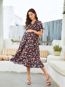 KUYIGO Black Floral High-Waisted Maternity Wrap Dress - Nhiều màu - Xem 6