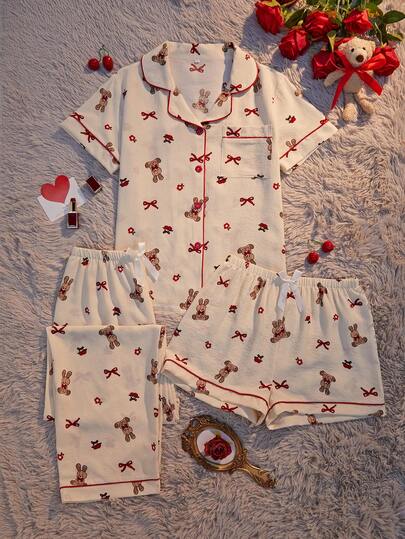 3件套女士春夏可爱宽松泰迪熊樱花蝴蝶结印花口袋前开襟短袖上衣、短裤和长裤睡衣套装，舒适家居服