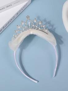 1pc Girls Fairy-Like Headband With Bowknot & Rhinestone Crown, Princess Headpiece - Beige - View 4