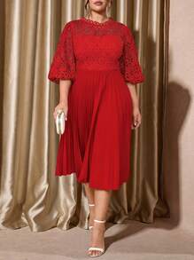 Voworia 蕾丝褶皱连衣裙半灯笼袖镂空优雅中长款婚礼宾客、毕业典礼服装 - 紅色 - 查看 2