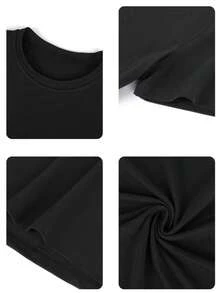 Women's Summer Casual Cotton Round Neck Loose Fit Letter & Smiling Face Print Short Sleeve T-Shirt - Black - View 6