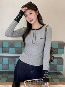 Contrast Color Letter Inlay Contrast Trim Casual School Long Sleeve Top