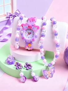 6pcs/Set 2026 New Soft Silicone Strap Watch, Creative Butterfly Pattern Quartz Wristwatch, Butterfly Necklace Bracelet Earrings Ring Jewelry Set, Gift For Girls - Purple - View 3