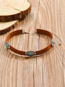 1pc Boho Style Vintage Silver Metal Flower Short Necklace With Turquoise, Women Choker Necklace For Daily Wear - Multicolor - View 2