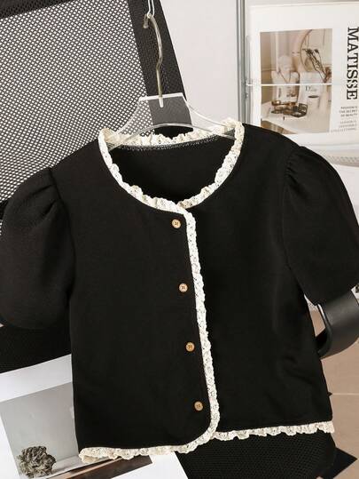 1pc Girls' Outdoor Casual Elegant High-Profile Black Round Neck Puff Sleeve Design Versatile Short Sleeve Cardigan Top