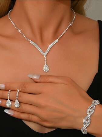 4pcs/Set Water Droplet Fringe Design For Brides And Ladies' Zirconia Necklace Set, Sparkling Jewelry Set Suitable For Weddings, Birthday Gifts, Parties.