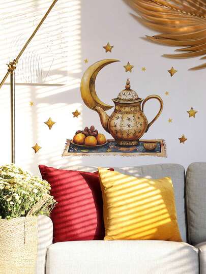 1 st väggdekoration med tekanna i Mellanöstern, månstjärnor - väggdekoration för sovrum, vardagsrum, entré för bakgrundsförsköning i hemmet