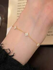ZNICE New Faith Cross & Lucky Four-Leaf Flower Bracelet For Women, Minimalist Niche Design With Rhinestones, Stainless Steel Jewelry, Layerable, Suitable For Daily Blessing & Baptism Wear, - Gold - View 3