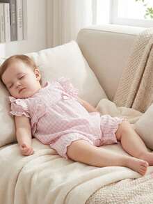 Mono de verano para niña pequeña, manga corta abullonada, cuello redondo, bonito estampado a cuadros, ribete con volantes - Rosa brillante - Ver 5