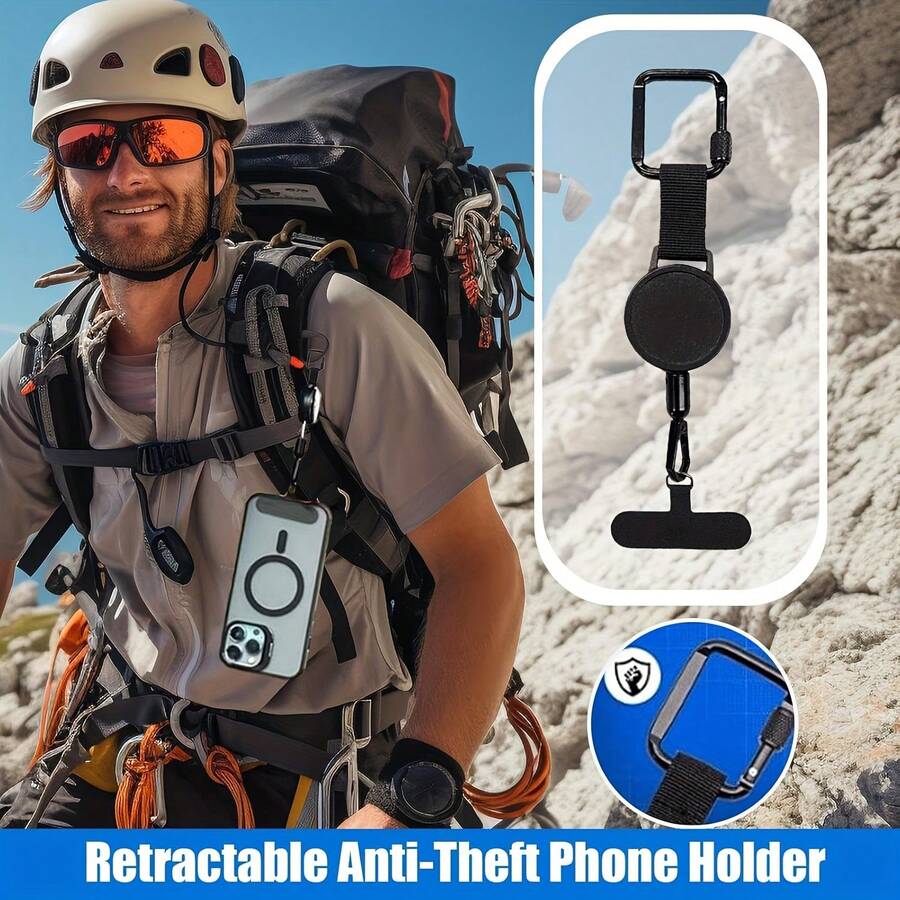 1 unidade de cordão antifurto para celular com dispositivo retrátil, alça de comprimento ajustável adequada para celulares de diferentes tamanhos, ideal para caminhadas e trilhas. - Preto - Ver 1