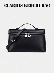 New Versatile Women's Bag, Lunch Box Bag, Handbag, Shoulder And Crossbody Bag, Simple And Fashionable Solid Black Crocodile Pattern Fabric Box-Shaped Bag With Smooth Hardware Zipper Closure, Top Single Handle, Adjustable Long Shoulder Strap Design For Single Shoulder, Crossbody Or Handheld Use, Interior Can Hold Lipstick, Keys, Cosmetics And Other Daily Items, Suitable For Women For Commuting, Going Out Shopping, Dating, And Everyday Occasions - Black - View 1