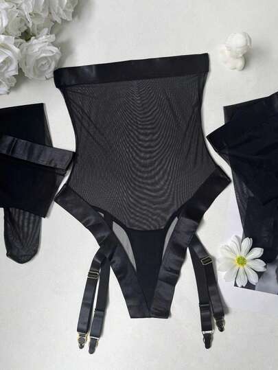 Women's Strapless Lace Jumpsuit With Garter Belt - Includes Stockings, Sexy Fitted Lingerie Set Suitable For Special Occasions