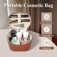 Genuine Leather Cosmetic Organizer With Zippered Compartments And Secure Lid Closure – An Elegant Brown Cosmetic Organizer, Practical Travel Makeup Bag With Handle, Suitable For Professional Daily Use And Compatible With Most Cosmetics. - 黑色 - 查看 3